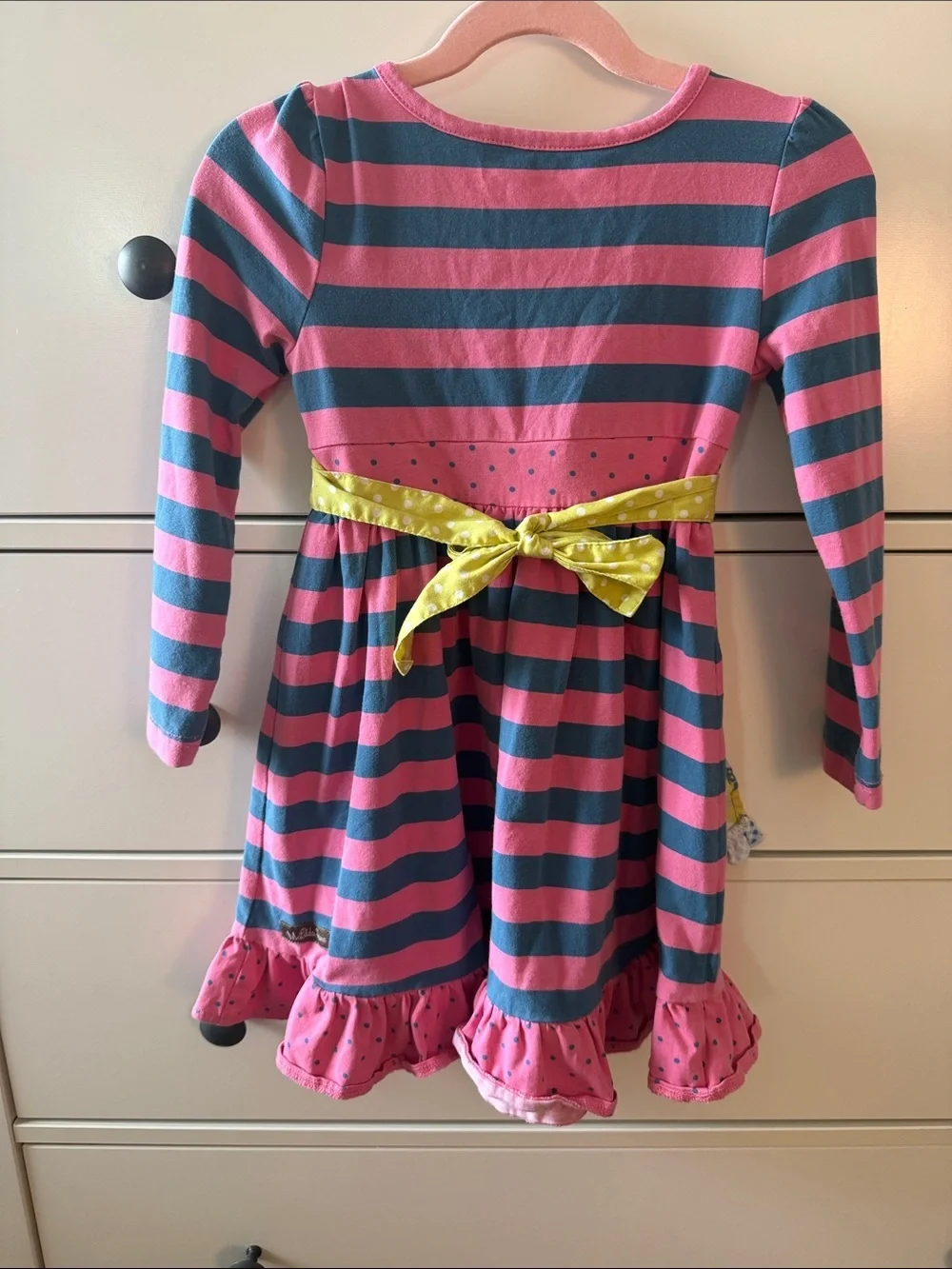 Matilda Jane Pink & Navy Striped Long-Sleeve Dress with Removable Yellow Apron